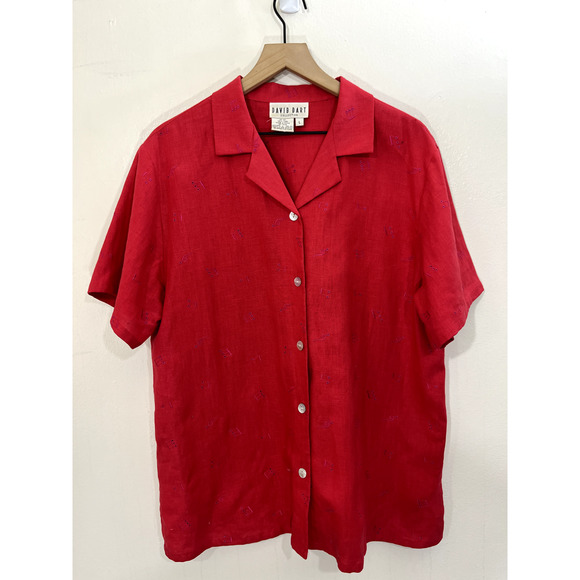Vtg David Dart Women Top L Linen Lagenlook Musical Notes Artsy Boho Airy Art Red - Picture 1 of 12